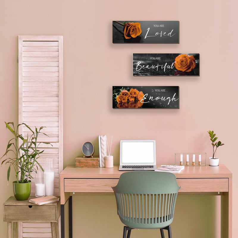 ZINYAZHE 3 Pieces Orange Wall Decor Inspirational Orange Roses Bathroom Decor Wooden Wall Art Positive Quotes You Are Loved You Are Enough for Girls Women Office Bedroom(Orange Rose12 x 4"") - Image 2