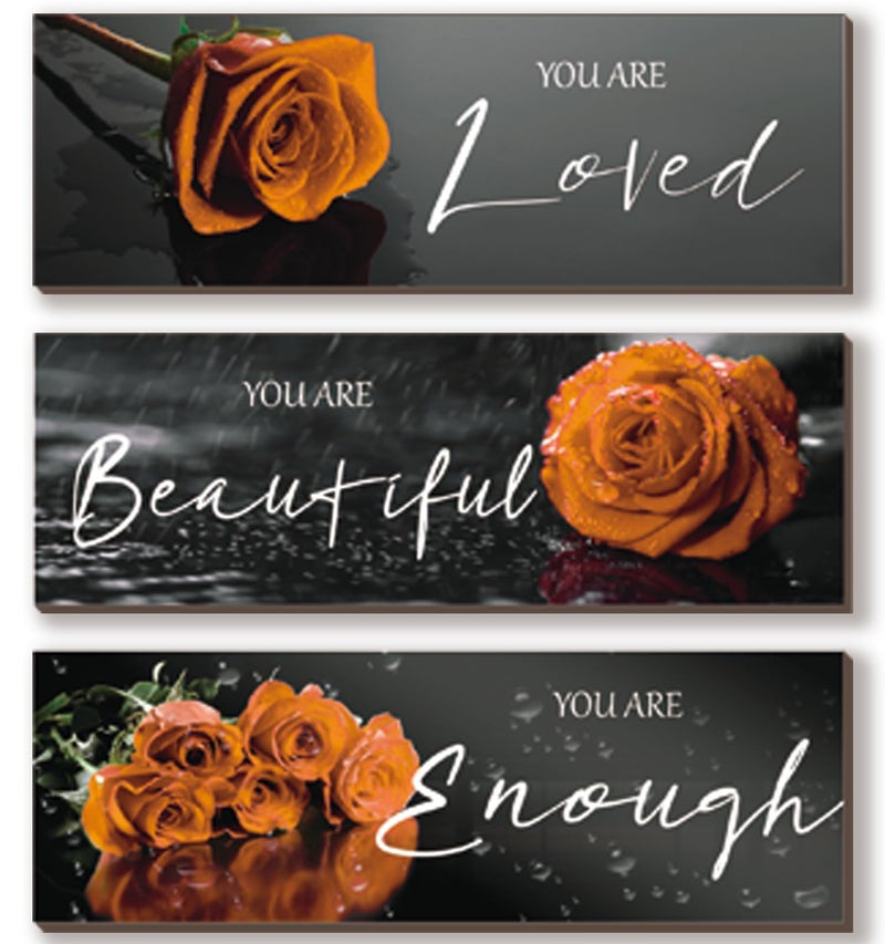 ZINYAZHE 3 Pieces Orange Wall Decor Inspirational Orange Roses Bathroom Decor Wooden Wall Art Positive Quotes You Are Loved You Are Enough for Girls Women Office Bedroom(Orange Rose12 x 4"") - Image 1