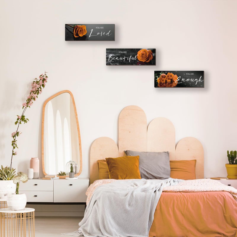 ZINYAZHE 3 Pieces Orange Wall Decor Inspirational Orange Roses Bathroom Decor Wooden Wall Art Positive Quotes You Are Loved You Are Enough for Girls Women Office Bedroom(Orange Rose12 x 4"") - Image 5