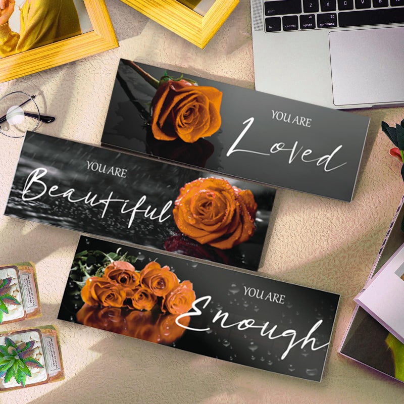 ZINYAZHE 3 Pieces Orange Wall Decor Inspirational Orange Roses Bathroom Decor Wooden Wall Art Positive Quotes You Are Loved You Are Enough for Girls Women Office Bedroom(Orange Rose12 x 4"") - Image 3