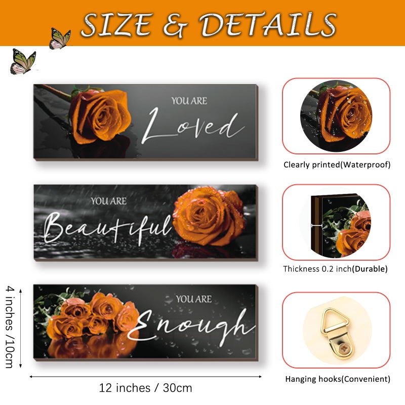 ZINYAZHE 3 Pieces Orange Wall Decor Inspirational Orange Roses Bathroom Decor Wooden Wall Art Positive Quotes You Are Loved You Are Enough for Girls Women Office Bedroom(Orange Rose12 x 4"") - Image 4