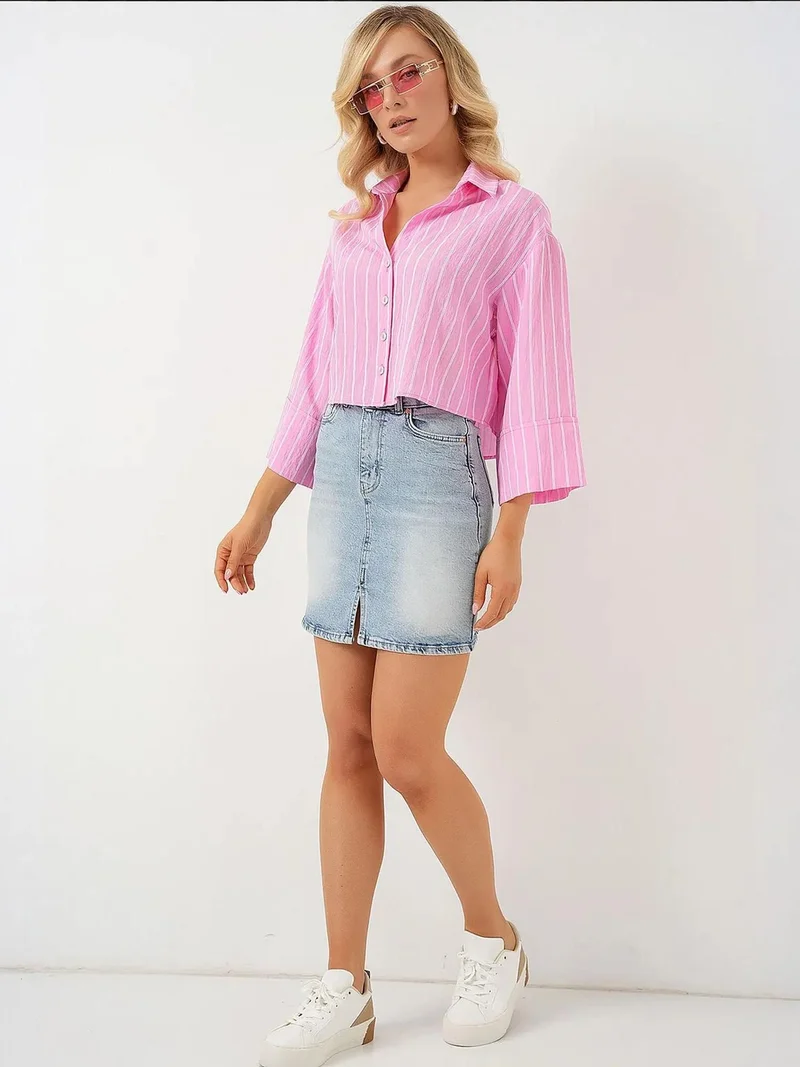 BIG DART BDART Oversized Striped Cropped Shirt with Button Closure