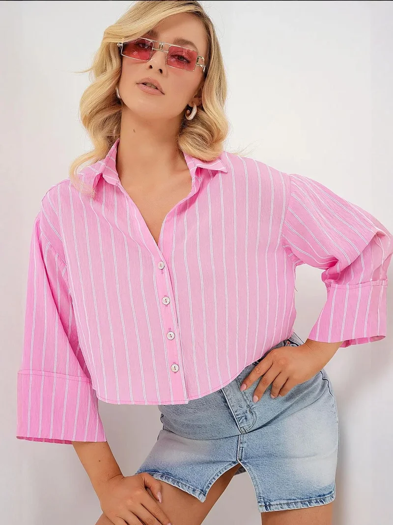 BIG DART BDART Oversized Striped Cropped Shirt with Button Closure