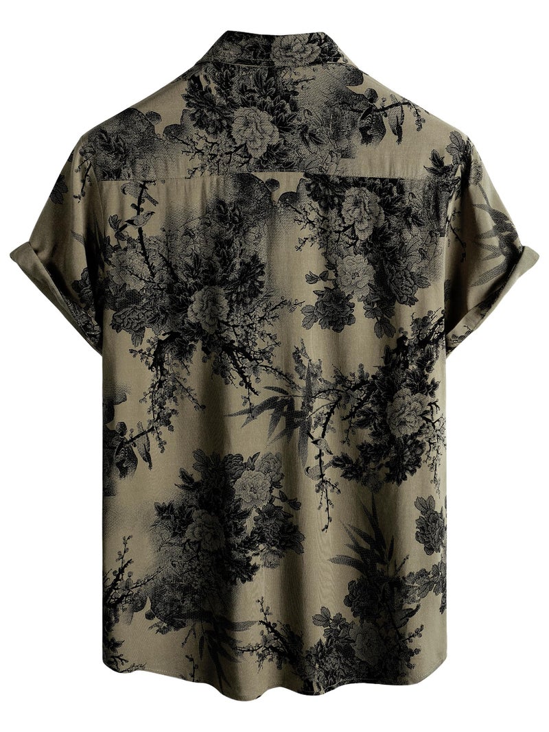 JOTOOK Mens Hawaiian Shirt Short Sleeve Button Down Tropical Shirts Casual Floral Summer Beach Shirt 3X-Large Khaki Flower - Image 3