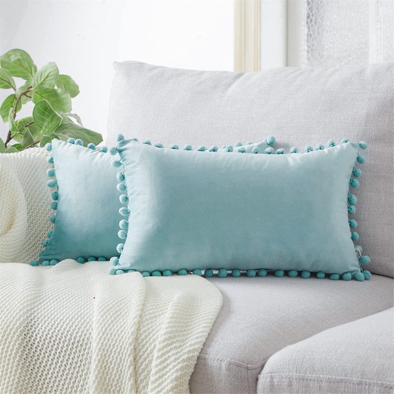 Topfinel Top Finel Lumbar Pillow Covers 12x20 Set of 2  Baby Blue Decorative Throw Pillow Cover Soft Velvet Couch Cushion Covers with Pom-poms for Bedroom Livingroom Office Car Farmhouse Boho Home Decor - Image 1