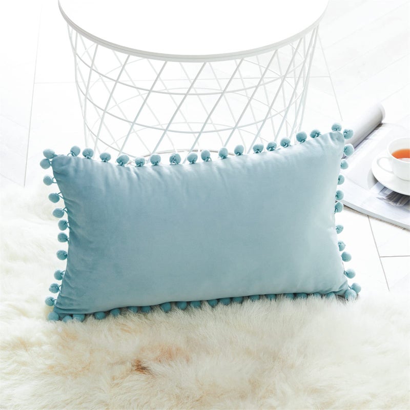 Topfinel Top Finel Lumbar Pillow Covers 12x20 Set of 2  Baby Blue Decorative Throw Pillow Cover Soft Velvet Couch Cushion Covers with Pom-poms for Bedroom Livingroom Office Car Farmhouse Boho Home Decor - Image 5