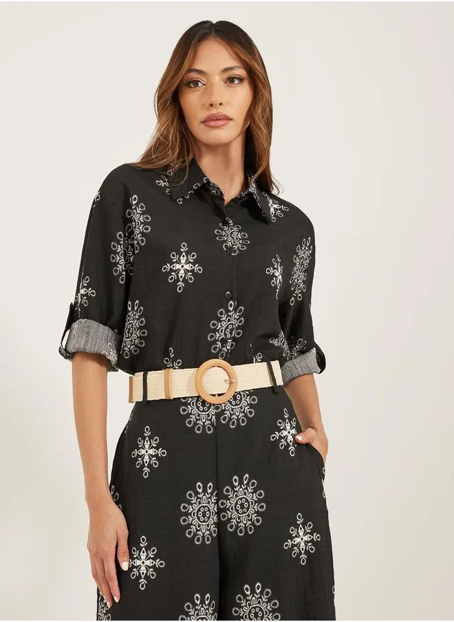 Styli Button Details Belted Shirt and Wide Leg Trousers Set