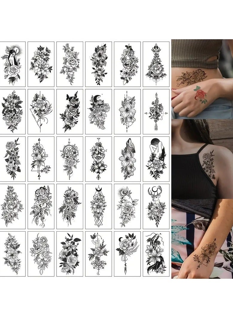 ORiTi 30pcs Waterproof Black Line Drawing Flowers Temporary Tattoo Stickers for Women and Girls Lasts 3-7 Days - Perfect for Body, Arm, and Shoulder Art - Image 1
