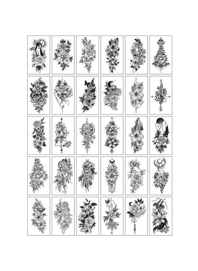 ORiTi 30pcs Waterproof Black Line Drawing Flowers Temporary Tattoo Stickers for Women and Girls Lasts 3-7 Days - Perfect for Body, Arm, and Shoulder Art - Image 2