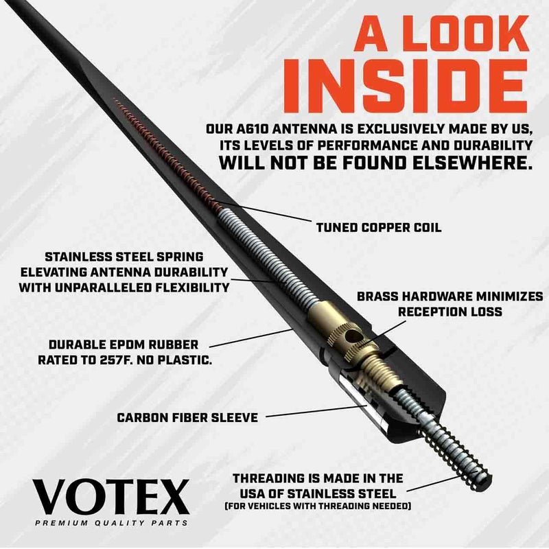 Votex - 13 3/4 Inch Rubber Antenna fits Ford F-150 | F-250 | F-350 | F-450 | F-550 | Bronco Accessories - USA Stainless Steel Threading - Black Carbon Fiber Trim - Tuned Internal Copper Coil - Image 2