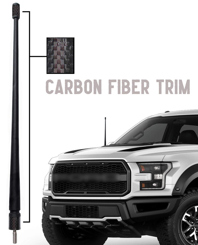 Votex - 13 3/4 Inch Rubber Antenna fits Ford F-150 | F-250 | F-350 | F-450 | F-550 | Bronco Accessories - USA Stainless Steel Threading - Black Carbon Fiber Trim - Tuned Internal Copper Coil - Image 1