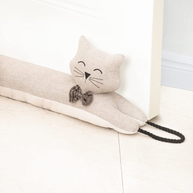 UNDER DOOR DRAFT STOPPER DECORATIVE WIND STOPPER 38 INCH FOR DOOR WINDOW WEIGHTED ANIMAL AIR DRAFT STOPPER SNAKE NOISE BLOCKER FOR BOTTOM OF DOOR WITH HANGING LOOPS KHAKI CAT