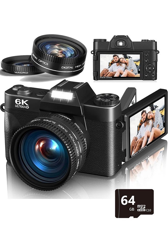 Digisand 6K Digital Camera 64MP 16X Digital Zoom 3'' Flip Screen WiFi Web Camcorder Vintage Photography Compact Professional Video Camera with 64G Memory Card  - Image 1