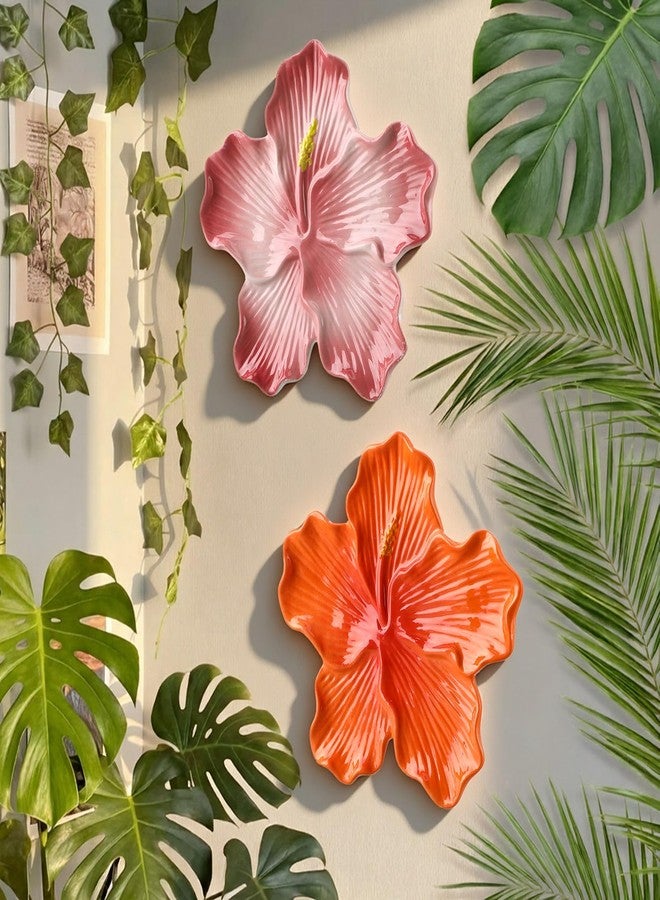 Maysing 2 Pcs Ceramic Flower 3D Wall Art Hibiscus Wall Hanging Sculpture Hawaiian Rustic Tropical Flower Walls Decor Modern Arts Gifts for Living Room Home Office 7.87 Inch - Image 1