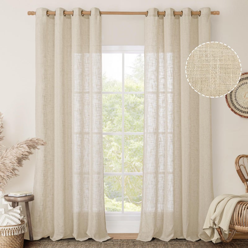 LAMIT Sheer Linen Curtains 84 Inches Long for Living Room, Light Filtering Boho Window Treatments Semi Sheer Neutral Drapes with Bronze Grommet for Bedroom, 52 X 84 Inch, 2 Panels Set, Linen - Image 2