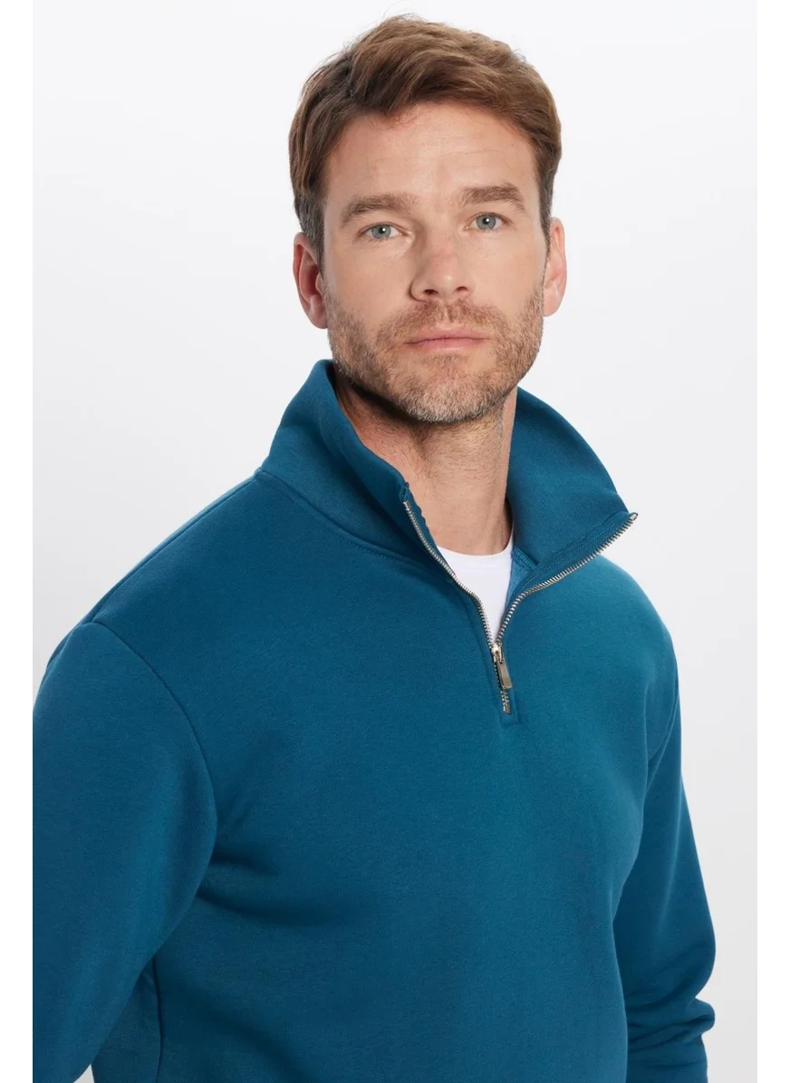 تودورس Unisex Relax Fit Comfortable Cut Cotton Fleece Inside Half Zipper Indigo Stand Collar Sweatshirt