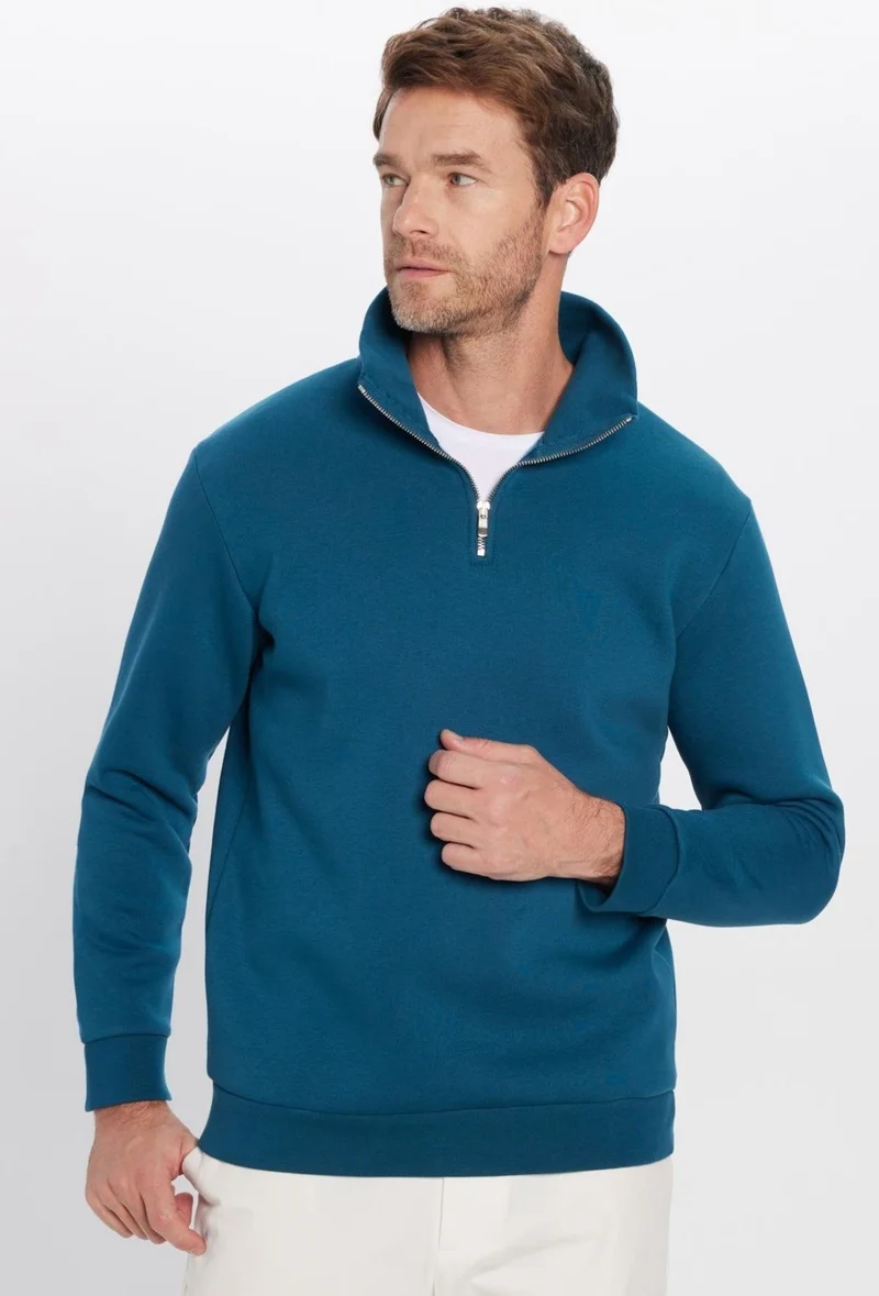 Tudors Unisex Relax Fit Comfortable Cut Cotton Fleece Inside Half Zipper Indigo Stand Collar Sweatshirt