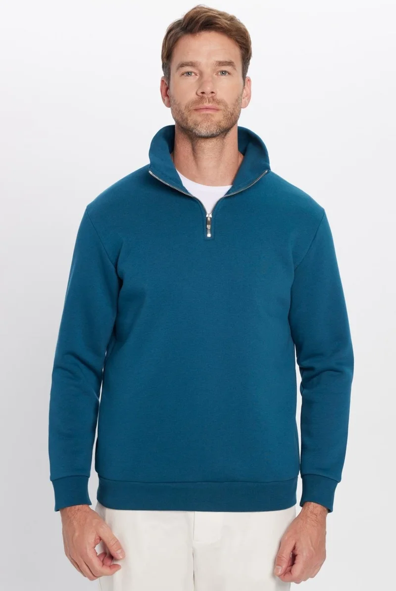 Tudors Unisex Relax Fit Comfortable Cut Cotton Fleece Inside Half Zipper Indigo Stand Collar Sweatshirt
