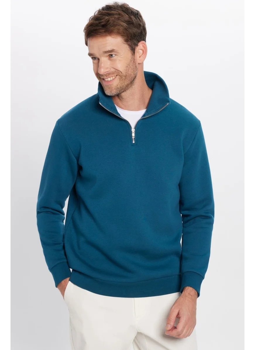 تودورس Unisex Relax Fit Comfortable Cut Cotton Fleece Inside Half Zipper Indigo Stand Collar Sweatshirt
