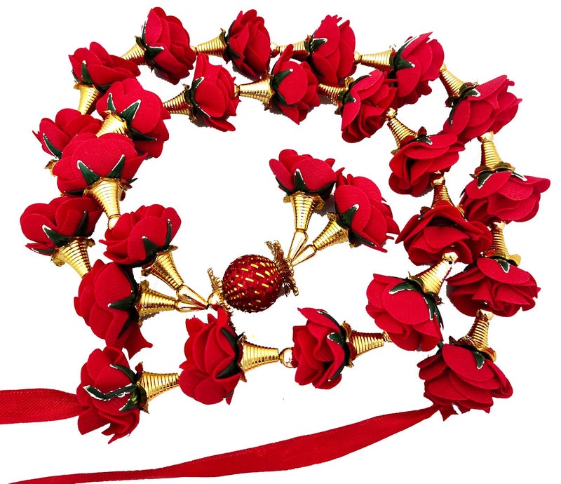 3A Featuretail Artificial Red Roses Garland, Artificial Phool Mala for Photo Frame Decoration (1pc Red Rose Golden Mala, Fabric Rose) - Image 2