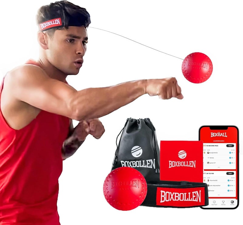 BoxbollenÂ® Boxing Reflex Ball - Celebrity-Endorsed Home Workout Game - App-Connected Punch Counter - Hand Eye Coordination Training Ball - Christmas Gift for Boxers, All Ages - Stocking Stuffer - Red - Image 1
