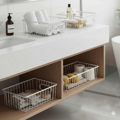 Bianco Multipurpose 10 Inch Metal Bathroom Storage Organizer Basket Bin Modern Wire Grid Design for Organization in Cabinets on Countertops Bedroom Kitchen Bathroom Garage Pack of 1 White - Image 4