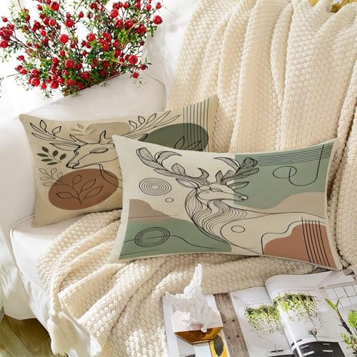 STITCHNEST Set of 2 Polycotton Cushion Covers – 12x18 Inches – Abstract Deer Line Art in Earthy Tones – Modern Nature-Inspired Cushion Covers for Sofa & Home Decor - Image 1