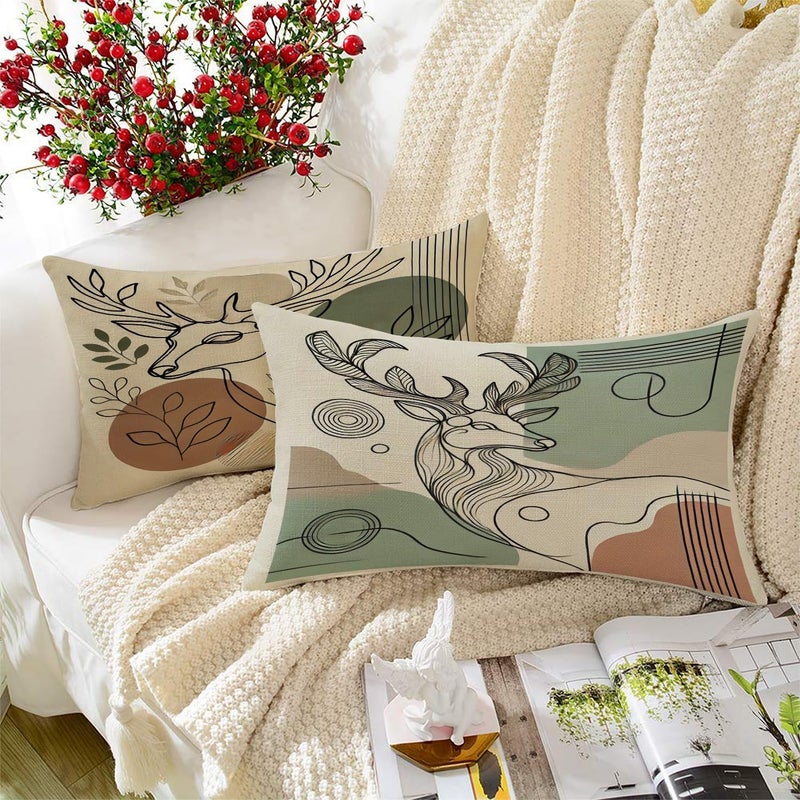STITCHNEST Set of 2 Polycotton Cushion Covers – 12x18 Inches – Abstract Deer Line Art in Earthy Tones – Modern Nature-Inspired Cushion Covers for Sofa & Home Decor - Image 5