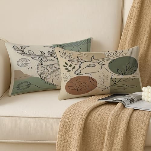 STITCHNEST Set of 2 Polycotton Cushion Covers – 12x18 Inches – Abstract Deer Line Art in Earthy Tones – Modern Nature-Inspired Cushion Covers for Sofa & Home Decor - Image 2
