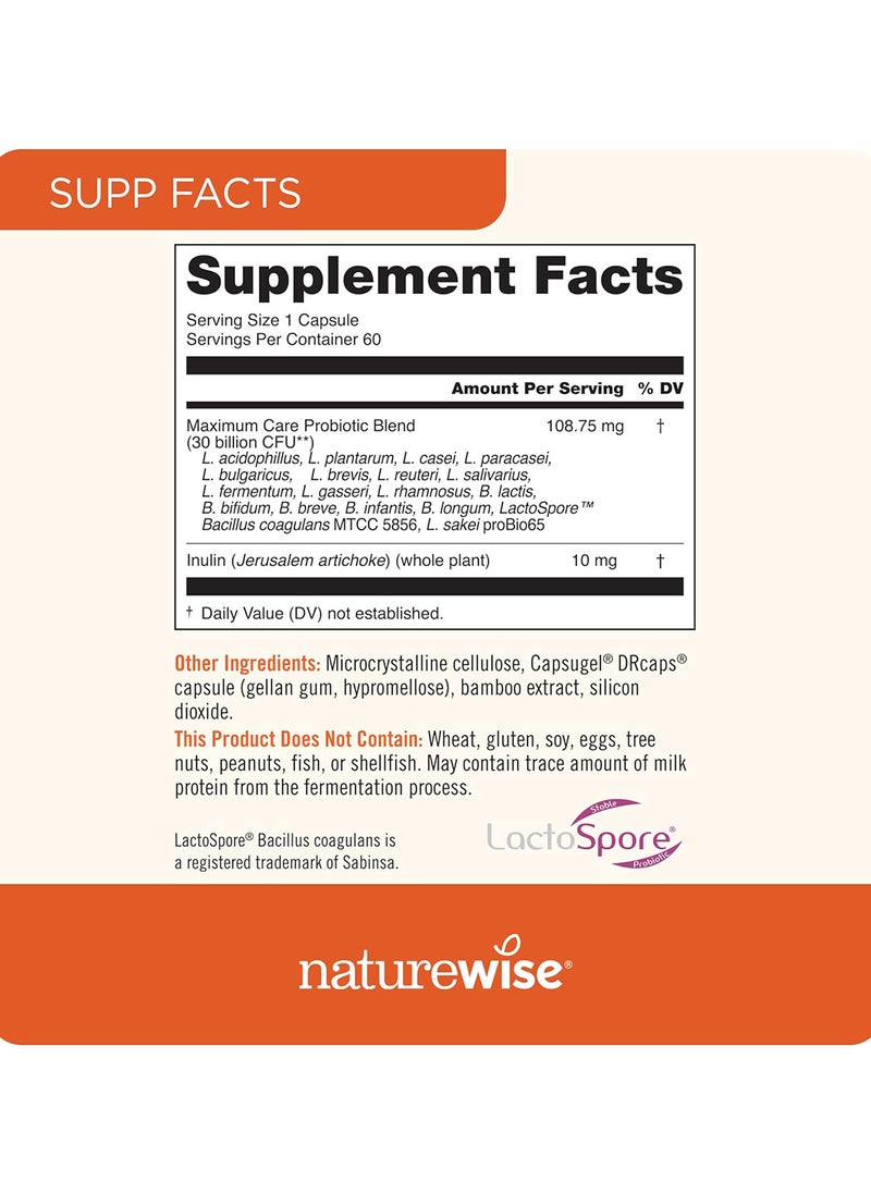NatureWise - Max Probiotics Delayed Released Capsule 30 Billion Cfu With 12 Highly Effective Strains Shelf Stable 2 Month Supply 60 Capsules - Image 1