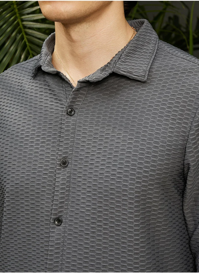Campus Sutra Men's Space Grey Hive-Textured Shirt