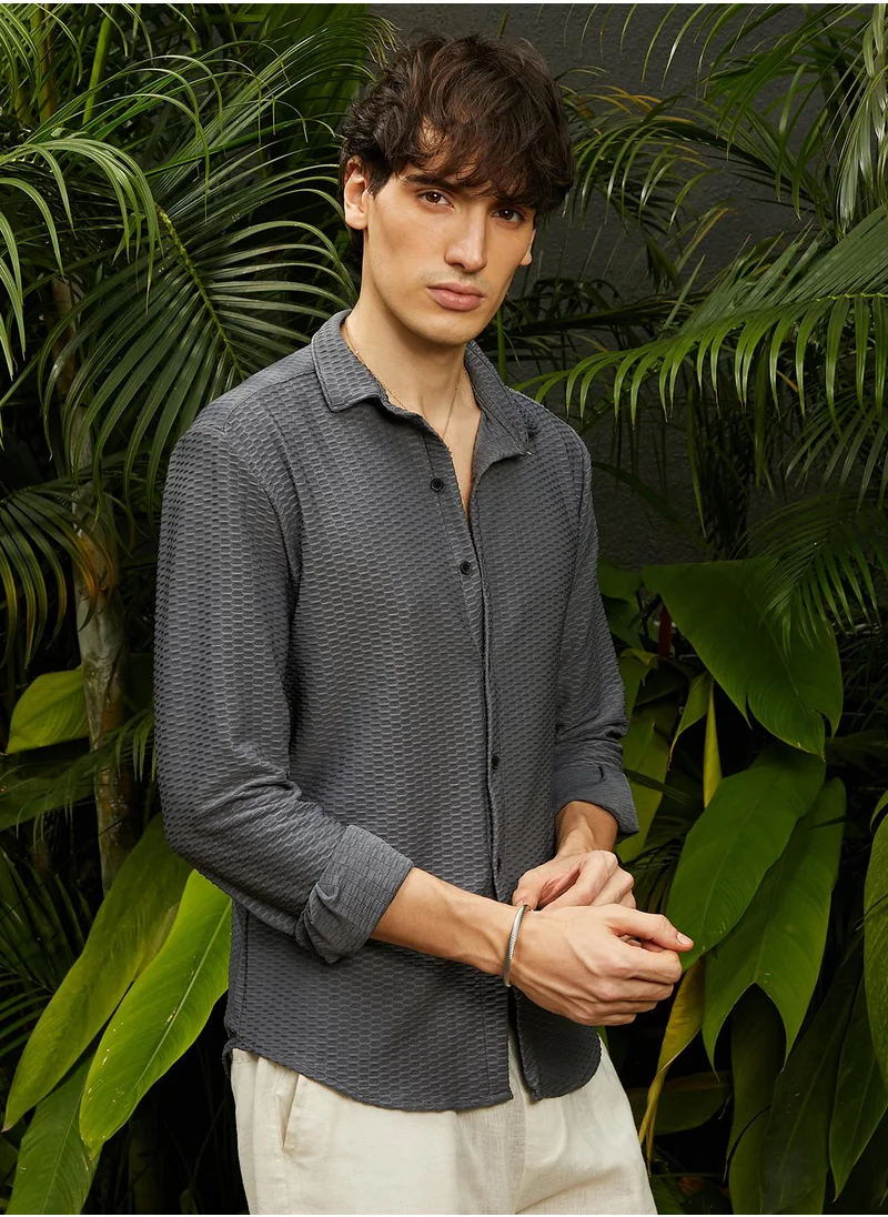 Campus Sutra Men's Space Grey Hive-Textured Shirt