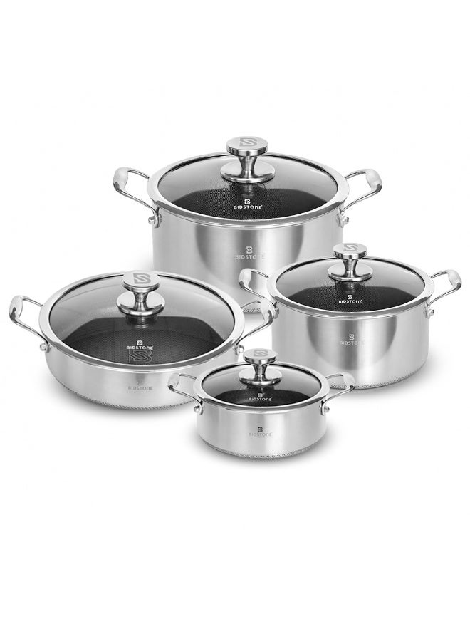 Bidstone 8‑Pieces Essential Size Stainless Steel Cookware Set | 28/24/20 cm Casseroles + 28 cm Shallow Pot with Glass Lids | Honeycomb Non‑Stick Anti‑Scorching Design - Image 1