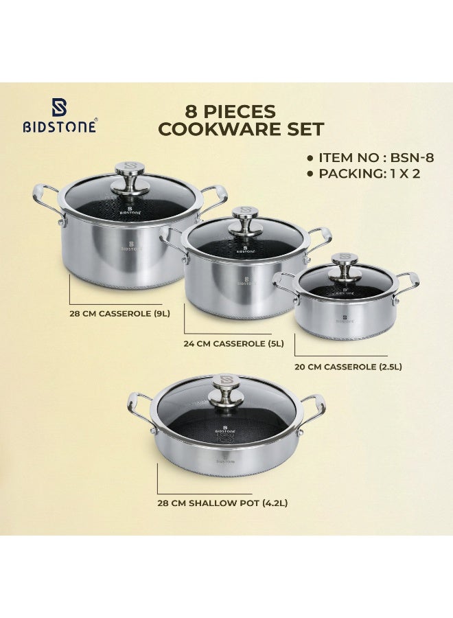 Bidstone 8‑Pieces Essential Size Stainless Steel Cookware Set | 28/24/20 cm Casseroles + 28 cm Shallow Pot with Glass Lids | Honeycomb Non‑Stick Anti‑Scorching Design - Image 2