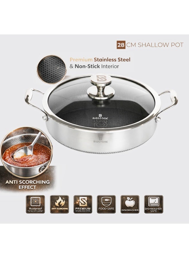 Bidstone 8‑Pieces Essential Size Stainless Steel Cookware Set | 28/24/20 cm Casseroles + 28 cm Shallow Pot with Glass Lids | Honeycomb Non‑Stick Anti‑Scorching Design - Image 3