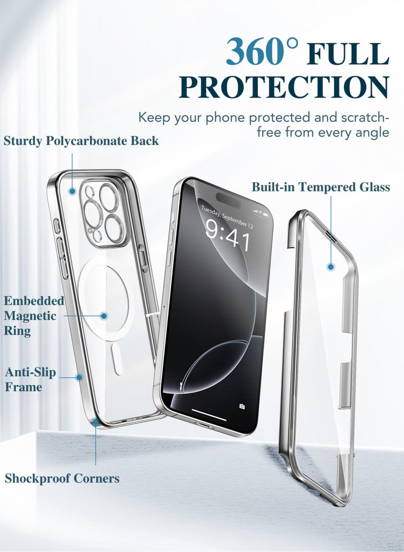 BERFY Magnetic for iPhone 16 Pro Case, Compatible with Magsafe Built-in 9H Tempered Glass Screen Protector & Upgraded Camera Protection Full-Body Plating Shockproof Phone Case for 16 Pro 6.3" Silver  - Image 3