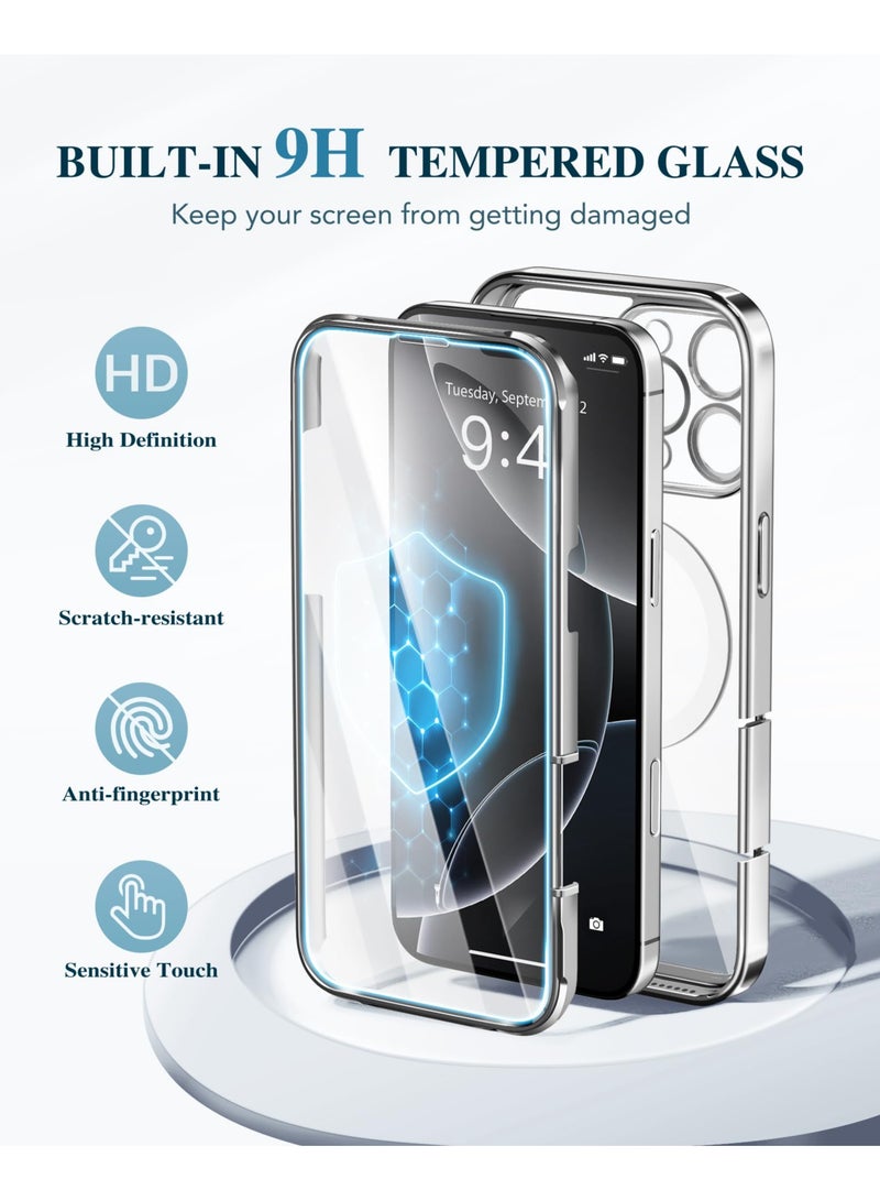 BERFY Magnetic for iPhone 16 Pro Case, Compatible with Magsafe Built-in 9H Tempered Glass Screen Protector & Upgraded Camera Protection Full-Body Plating Shockproof Phone Case for 16 Pro 6.3" Silver  - Image 5