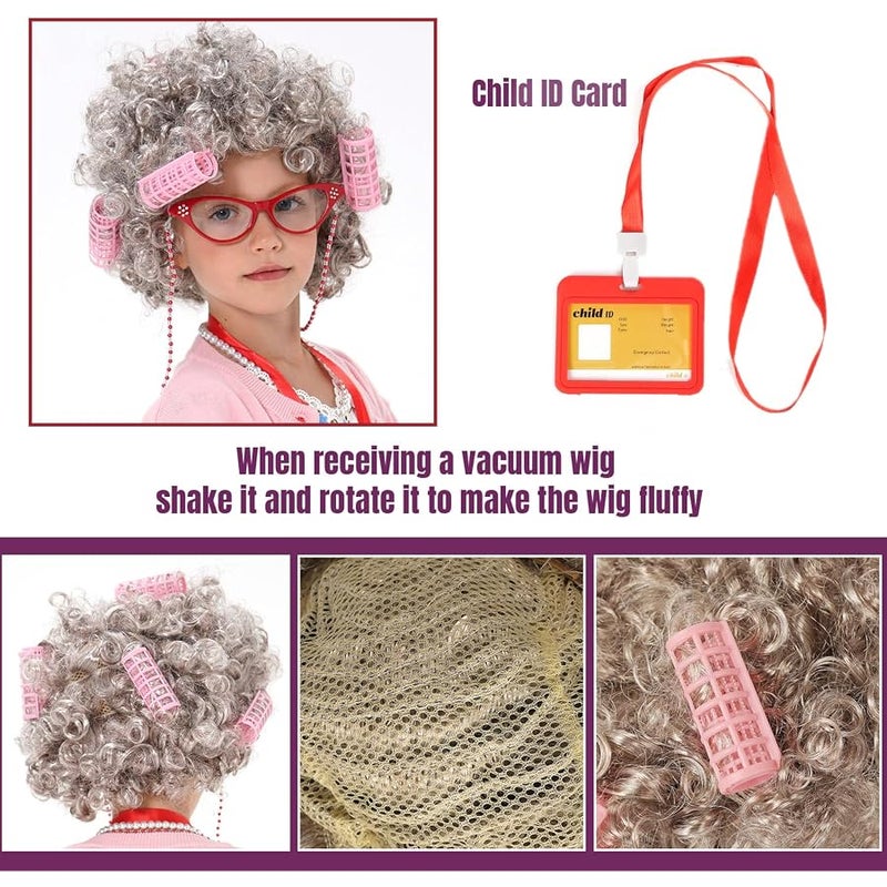 FAYBOX 9 pcs Old Lady Costume for Kids,100 Days of School Costume Old Lady Wig for Girls, Granny Grandma Dress Up - Image 5