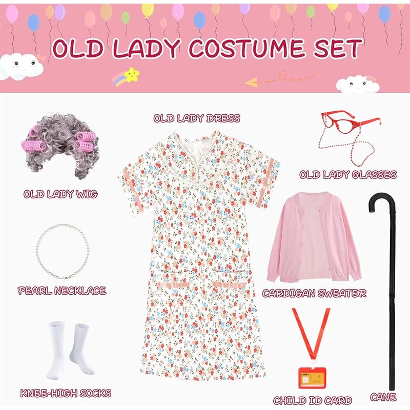 FAYBOX 9 pcs Old Lady Costume for Kids,100 Days of School Costume Old Lady Wig for Girls, Granny Grandma Dress Up - Image 2