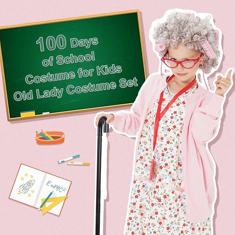 FAYBOX 9 pcs Old Lady Costume for Kids,100 Days of School Costume Old Lady Wig for Girls, Granny Grandma Dress Up - Image 4