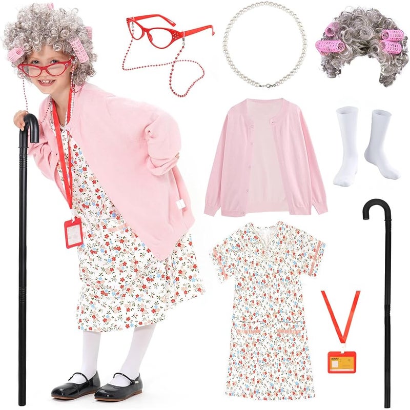 FAYBOX 9 pcs Old Lady Costume for Kids,100 Days of School Costume Old Lady Wig for Girls, Granny Grandma Dress Up - Image 1