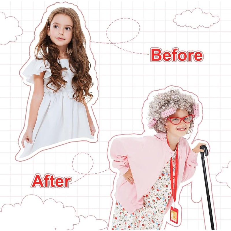 FAYBOX 9 pcs Old Lady Costume for Kids,100 Days of School Costume Old Lady Wig for Girls, Granny Grandma Dress Up - Image 3