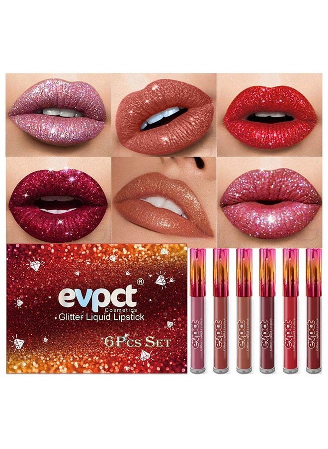 evpct - 6Pcs Matte To Glitter Liquid Lipstick Long Lasting Lip Set Kit,6 Color Diamond Shiny Dark Red Pink Purple Glitter Sparkly Glossy Metallic Shimmer Sparkle Waterproof Lipstick Lip Gloss For Women - Image 1