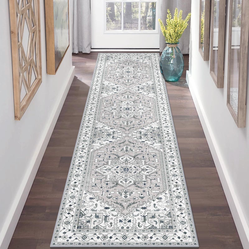 Yamaziot Washable Runner Rug, 2x8 Non-Slip Boho Vintage Hallway Rug with Rubber Backing, Low Pile Faux Wool Distressed Carpet Runner for Bedroom, Kitchen, Laundry, Entrance - Image 1