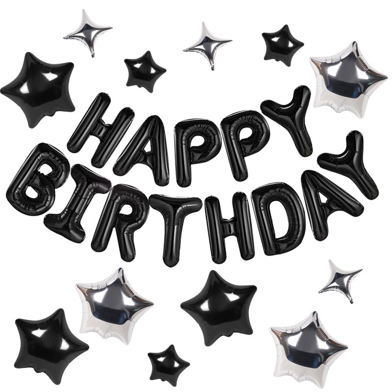 CANREVEL Happy Birthday Banner 13pcs 16 Inch Mylar Foil Letters with 12pcs Star Balloons Birthday Party Decorations 3D Black - Image 2