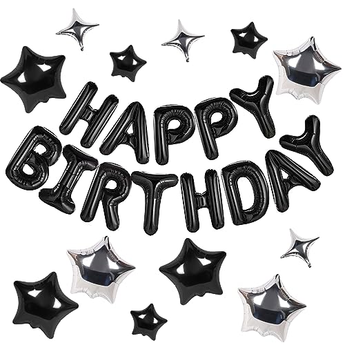 CANREVEL Happy Birthday Banner 13pcs 16 Inch Mylar Foil Letters with 12pcs Star Balloons Birthday Party Decorations 3D Black - Image 1