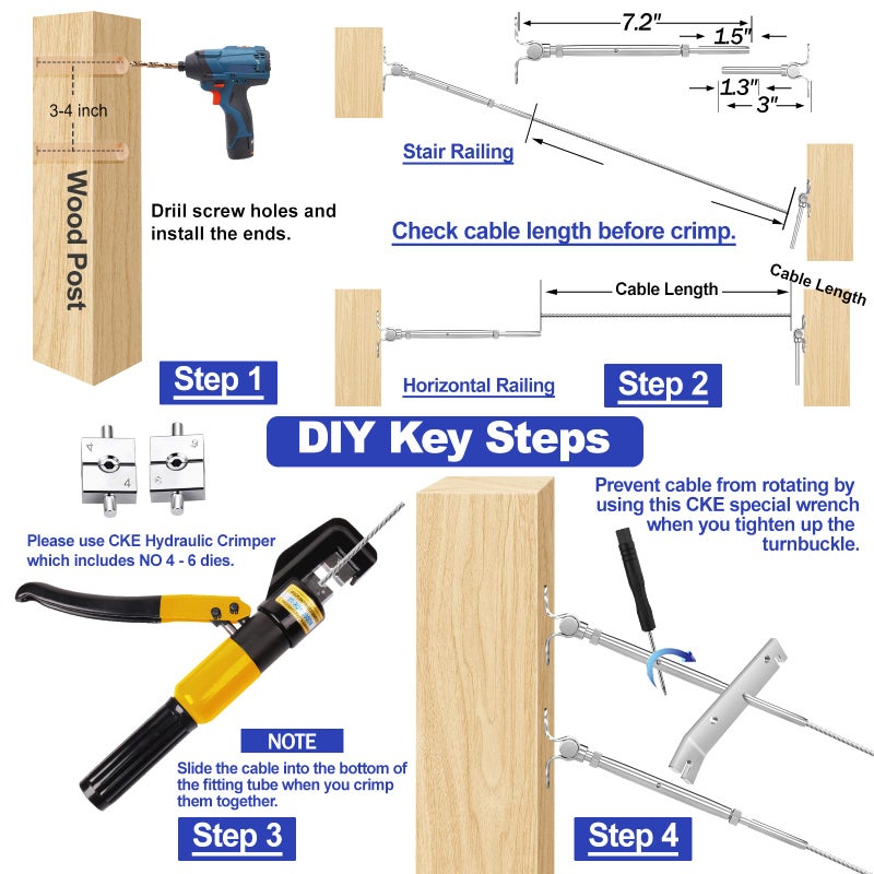 Cke 6 Pairs Cable Railing Kit 1/8"" Swage Toggle Turnbuckle Hardware T316 Stainless Steel Cable Railing Hardware For Wood Post  Angle 180 Adjustable Stairs Deck Cable Railing Kit 6 Cable Lines  Cr25 - Image 3