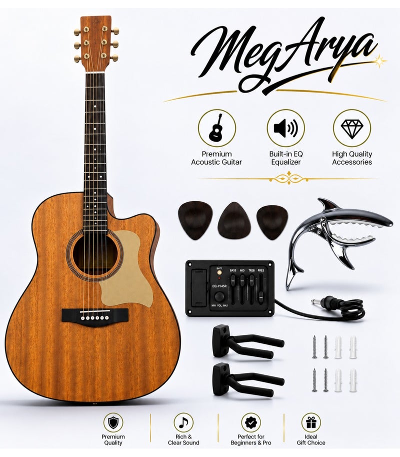 MegArya Acoustic Electric Guitar with Separate EQ System, 6-String Cutaway Acoustic Guitar with Capo, 3 Picks & Wall Hangers, Natural Wood-Look Finish for Beginners, Students & Home Practice - Image 1