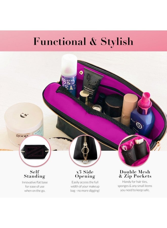 KUSSHI Washable Travel Makeup & Cosmetic Bag - Brush Organizer Sold Separately (Vacationer, Satin Black/Pink) - Image 3