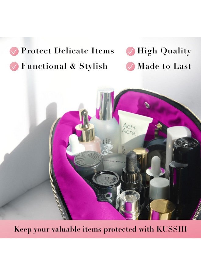 KUSSHI Washable Travel Makeup & Cosmetic Bag - Brush Organizer Sold Separately (Vacationer, Satin Black/Pink) - Image 4